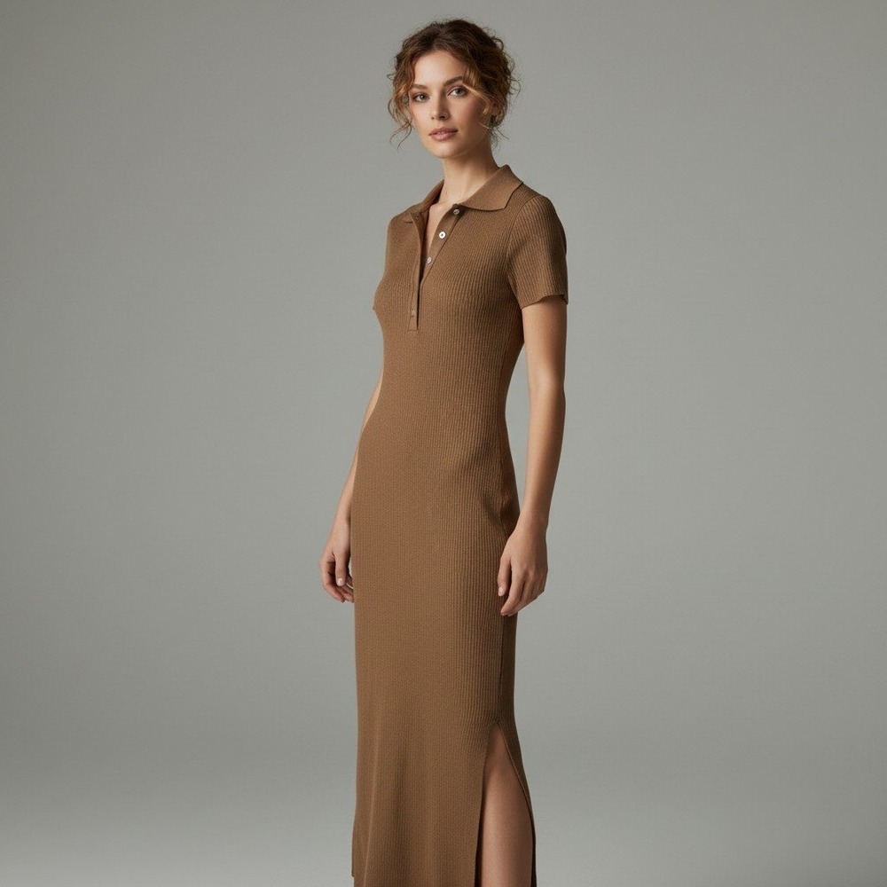 House of Harlow 1960 Brown Ribbed Knit Midi Dress M Polo Neck Minimalist Chic